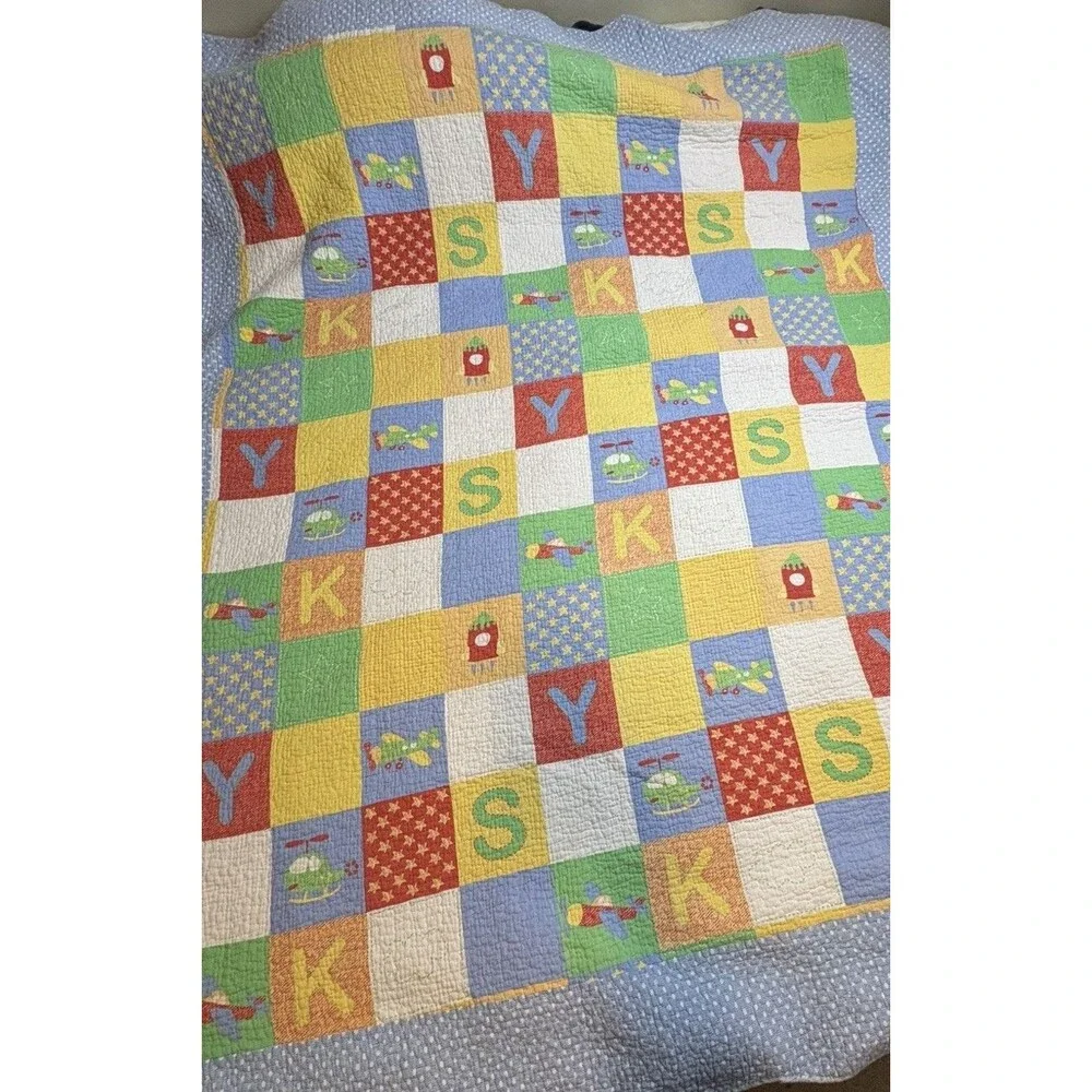 Quilt Airplane Sky Helicopter Blue Green Checkered Back Flaw 68”79” Twin
